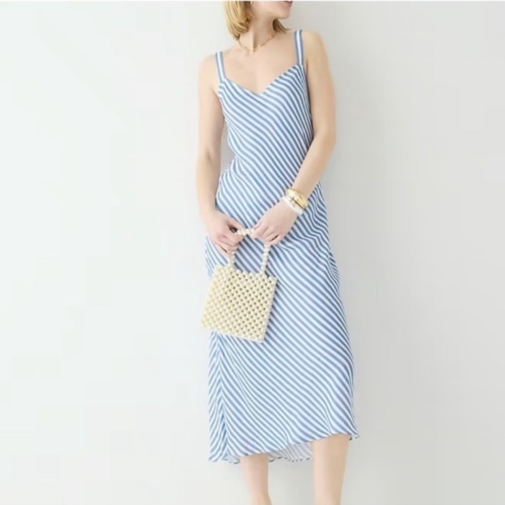 J. Crew Gwyneth Slip Midi Dress Women's 2 Cupro Blend Blue White Striped V-Neck
